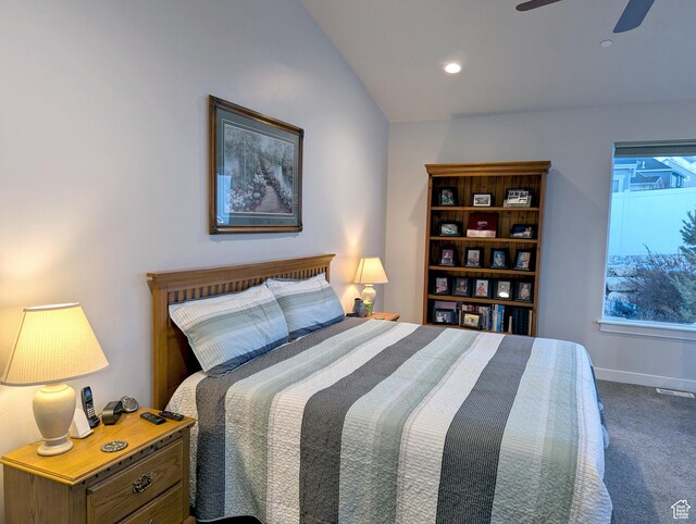 627 W Olympic Ln, Elk Ridge, UT 84651 - bedroom with vaulted ceiling, baseboards, visible vents, a ceiling fan, and dark carpet