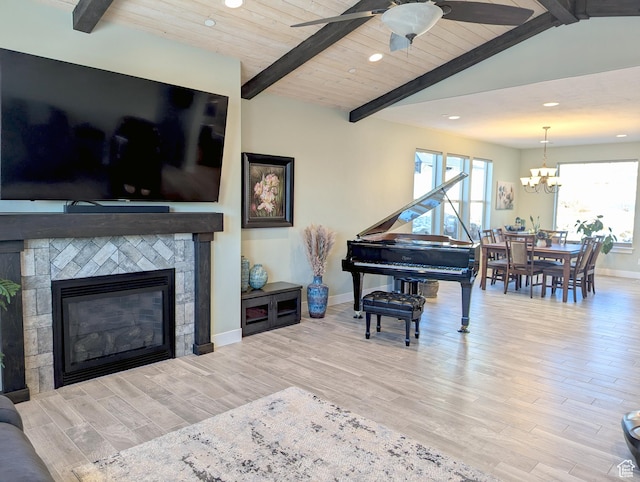 627 W Olympic Ln, Elk Ridge, UT 84651 - living area with lofted ceiling with beams, baseboards, a glass covered fireplace, recessed lighting, and wood finished floors