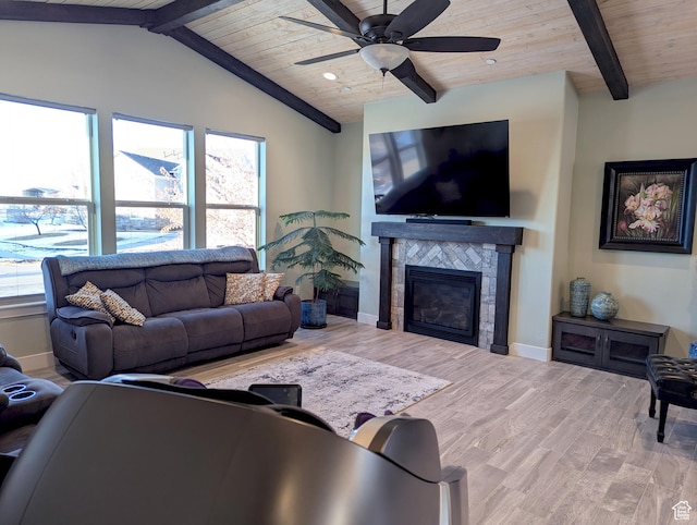 627 W Olympic Ln, Elk Ridge, UT 84651 - living area with wood ceiling, baseboards, a tile fireplace, and wood finished floors