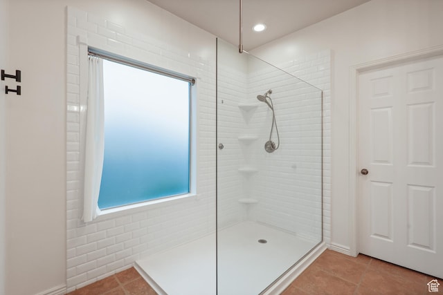 9226 N Mount Airey Dr W, Eagle Mountain, UT 84005 - bathroom with tiled shower, tile patterned floors, and recessed lighting