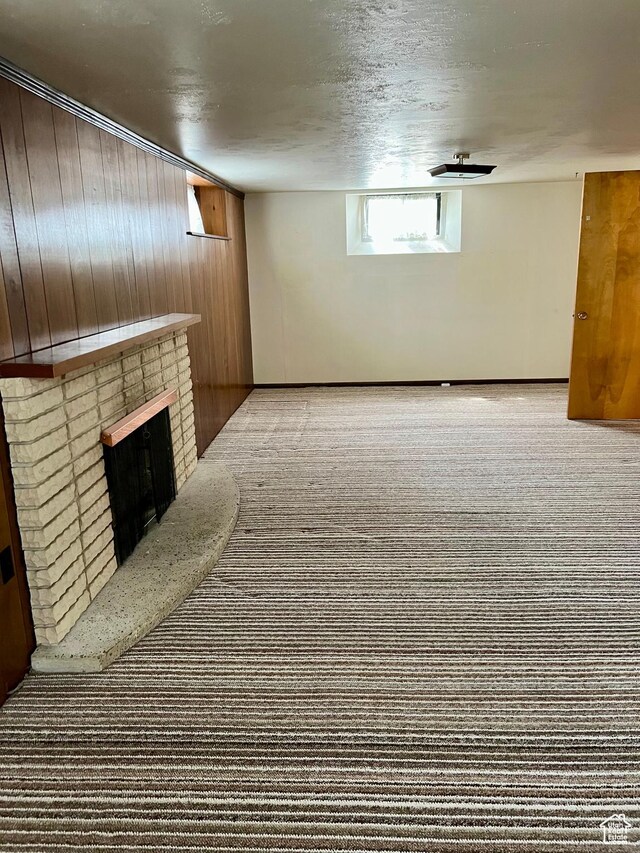 273 S 7th St S, Montpelier, ID 83254 - below grade area featuring carpet floors, wooden walls, a fireplace, and a textured ceiling