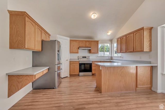 6706 S Adventure Way, West Jordan, UT 84084 - kitchen featuring a peninsula, stainless steel appliances, under cabinet range hood, light countertops, and light wood-style floors