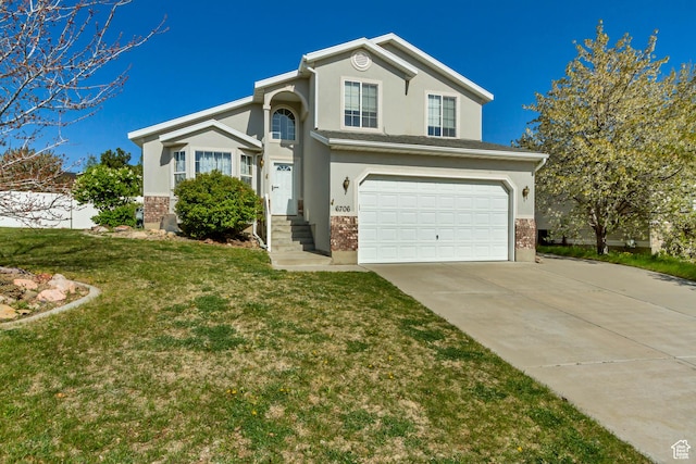 6706 S Adventure Way, West Jordan, UT 84084 - traditional-style home with brick siding, driveway, a garage, stucco siding, and a front lawn