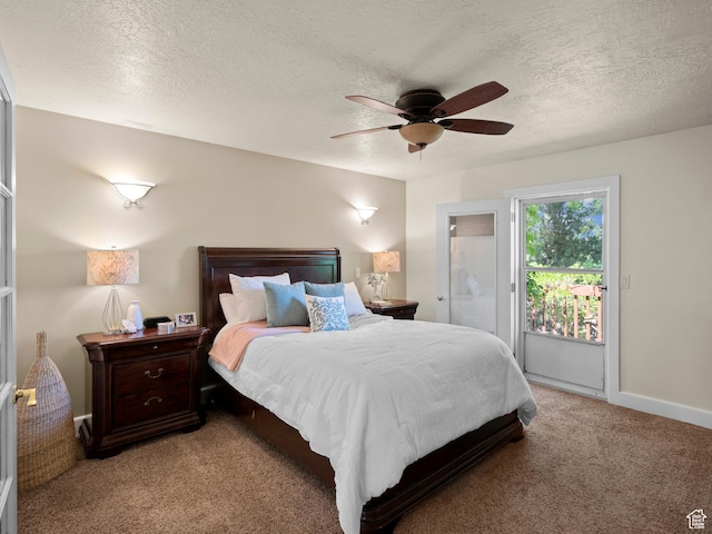 bedroom featuring a ceiling fan, a textured ceiling, light colored carpet, baseboards, and access to outside