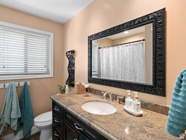 bathroom featuring toilet, vanity, and curtained shower