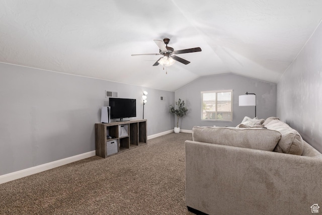 2562 S 4010 W, Hurricane, UT 84737 - living room featuring carpet, ceiling fan, baseboards, lofted ceiling, and visible vents