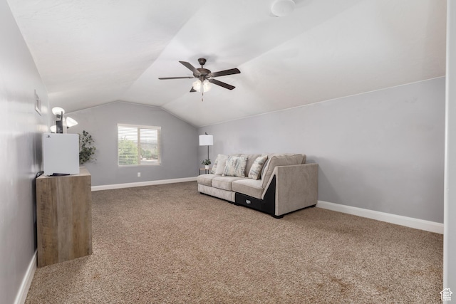 2562 S 4010 W, Hurricane, UT 84737 - living room featuring vaulted ceiling, carpet floors, a ceiling fan, and baseboards