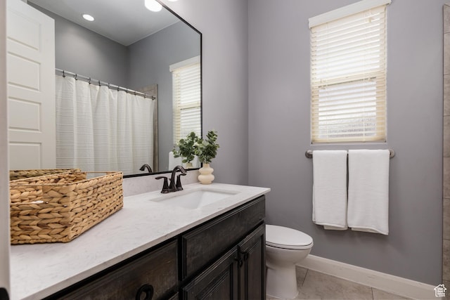 2562 S 4010 W, Hurricane, UT 84737 - bathroom featuring vanity, a shower with curtain, baseboards, toilet, and tile patterned flooring