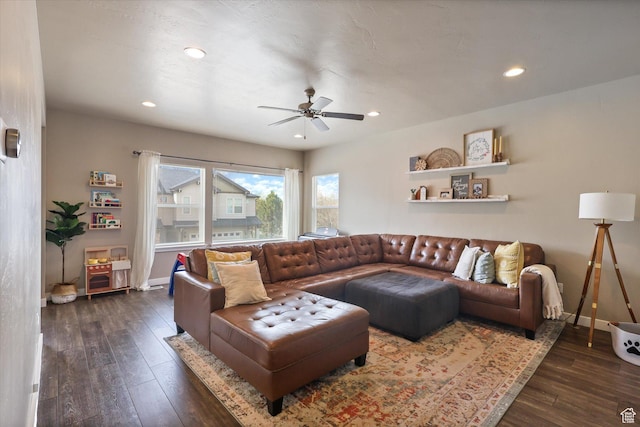 111 S 1800 W, Pleasant Grove, UT 84062 - living room featuring recessed lighting, baseboards, dark wood-style floors, and ceiling fan