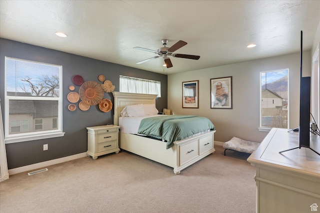 111 S 1800 W, Pleasant Grove, UT 84062 - bedroom with light carpet, baseboards, visible vents, recessed lighting, and a ceiling fan