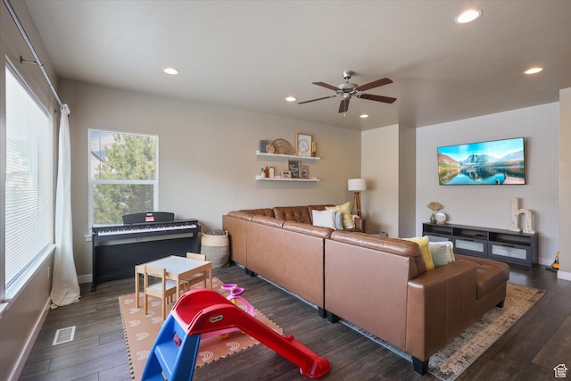 111 S 1800 W, Pleasant Grove, UT 84062 - living area with recessed lighting, dark wood finished floors, visible vents, a ceiling fan, and baseboards