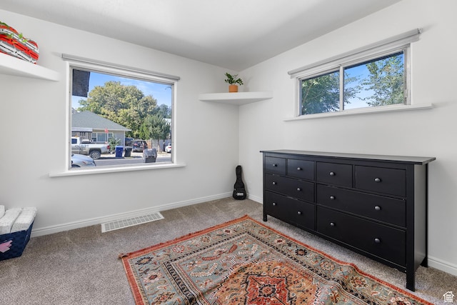 living area with baseboards, visible vents, and carpet flooring