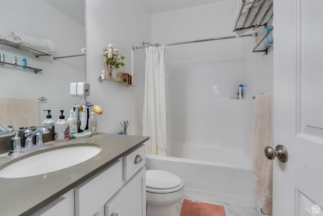 bathroom with toilet, vanity, and shower / bathtub combination with curtain
