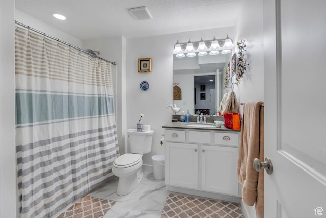 full bathroom featuring curtained shower, marble finish floor, visible vents, toilet, and vanity