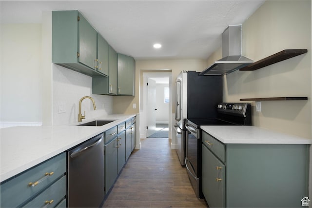 934 E Carnation Dr, Sandy, UT 84094 - kitchen with wall chimney exhaust hood, a sink, dark wood-style flooring, open shelves, and appliances with stainless steel finishes