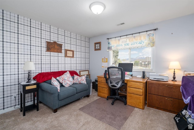 4577 S 4300 W, West Haven, UT 84401 - home office with light carpet, an accent wall, visible vents, and wallpapered walls