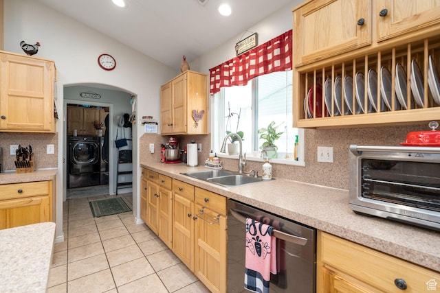 4577 S 4300 W, West Haven, UT 84401 - kitchen featuring a sink, light brown cabinetry, dishwasher, light countertops, and washer / clothes dryer