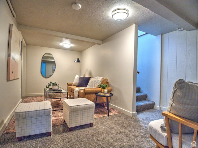 630 E 2550 N, North Ogden, UT 84414 - living area with stairway, baseboards, a textured ceiling, and carpet floors