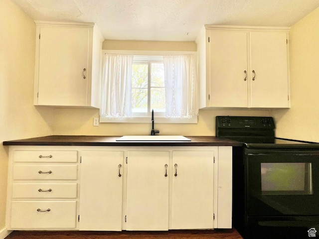 152 N 400 E, Vernal, UT 84078 - kitchen with black electric range oven, dark countertops, a sink, and white cabinetry