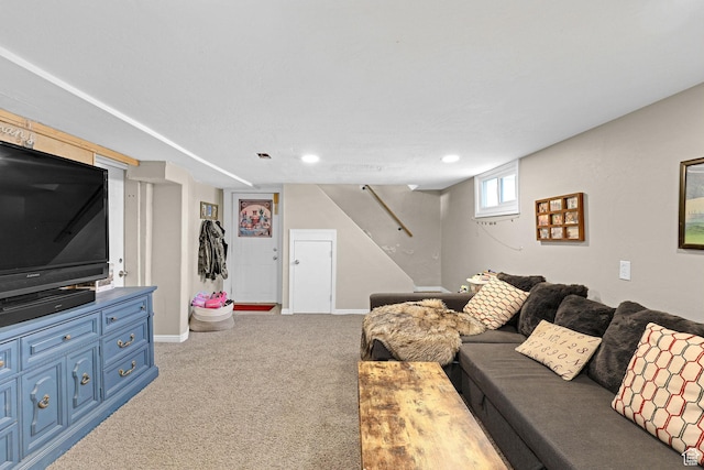 453 N 200 W, Brigham City, UT 84302 - living room featuring recessed lighting, carpet, stairway, visible vents, and baseboards