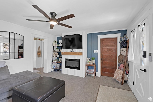 453 N 200 W, Brigham City, UT 84302 - living area featuring ornamental molding, a glass covered fireplace, carpet floors, and ceiling fan