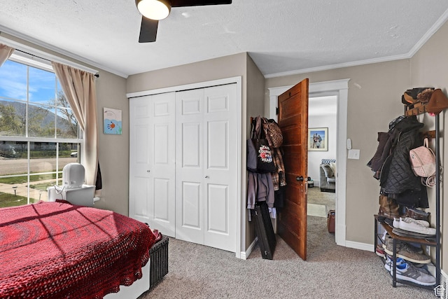 453 N 200 W, Brigham City, UT 84302 - carpeted bedroom with a ceiling fan, ornamental molding, a textured ceiling, and a closet
