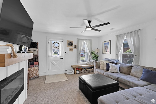 453 N 200 W, Brigham City, UT 84302 - carpeted living room with a glass covered fireplace, a wealth of natural light, and ceiling fan