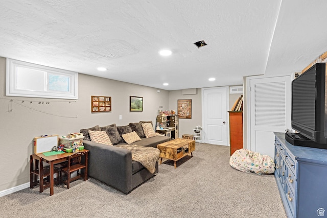 453 N 200 W, Brigham City, UT 84302 - living room featuring recessed lighting, a textured ceiling, carpet flooring, and visible vents