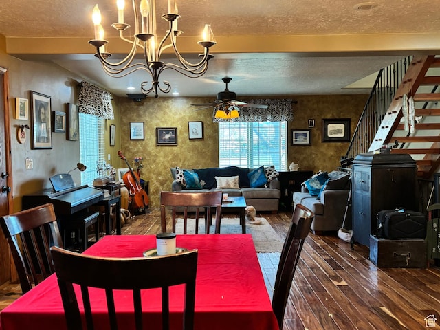 9762 S 3350 W, Payson, UT 84651 - dining space with stairs, hardwood / wood-style floors, a textured ceiling, and ceiling fan with notable chandelier
