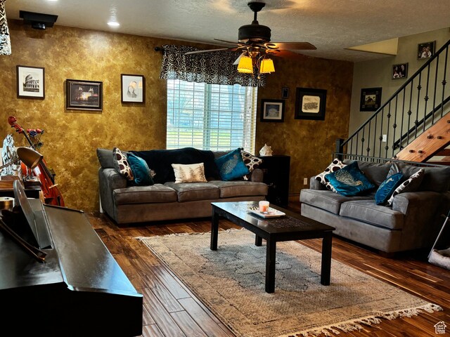 9762 S 3350 W, Payson, UT 84651 - living room featuring ceiling fan, wood-type flooring, stairs, and a textured ceiling