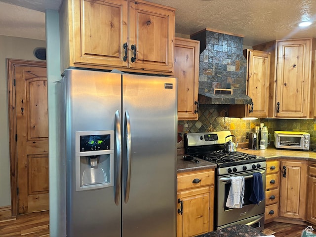 9762 S 3350 W, Payson, UT 84651 - kitchen with tasteful backsplash, extractor fan, a toaster, stainless steel appliances, and dark wood finished floors