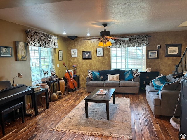 9762 S 3350 W, Payson, UT 84651 - living room with hardwood / wood-style flooring, a ceiling fan, and a textured ceiling