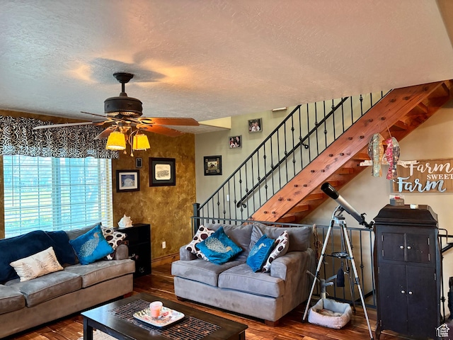 9762 S 3350 W, Payson, UT 84651 - living room with stairway, ceiling fan, hardwood / wood-style floors, and a textured ceiling