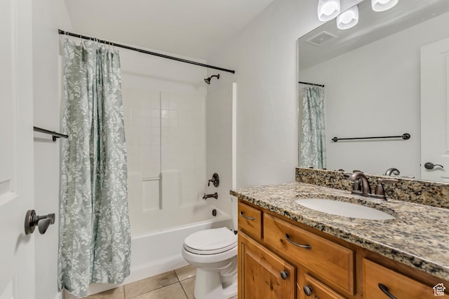 2074 S Orchard Dr, Bountiful, UT 84010 - bathroom with tile patterned floors, vanity, shower / tub combo with curtain, toilet, and visible vents