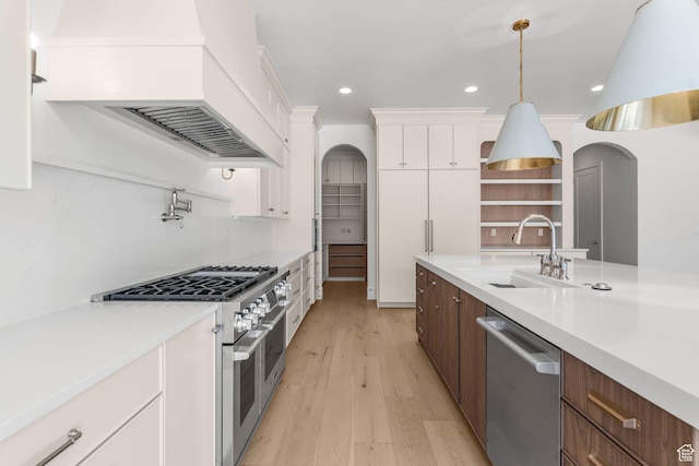 3382 E Ezra Ln, St George, UT 84790 - kitchen featuring stainless steel appliances, a sink, custom exhaust hood, white cabinetry, and light countertops