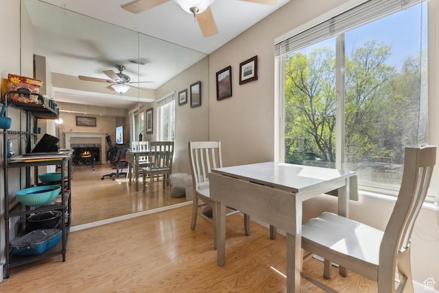 5552 S Willow Ln E Unit C, Salt Lake City, UT 84107 - dining space featuring a warm lit fireplace, wood finished floors, and ceiling fan