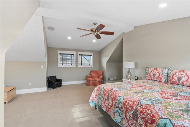 13379 S Elda Rae Cir W, Riverton, UT 84065 - bedroom featuring a ceiling fan, lofted ceiling with beams, baseboards, carpet flooring, and recessed lighting