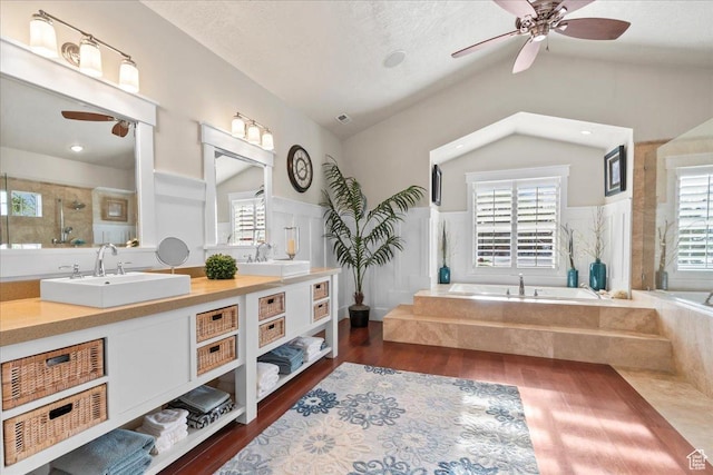 13379 S Elda Rae Cir W, Riverton, UT 84065 - bathroom with lofted ceiling, a garden tub, a ceiling fan, and a shower with shower door