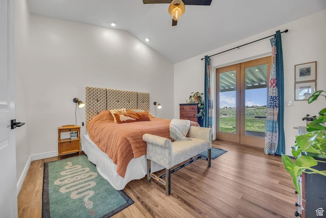 1563 Bryan Rd, Erda, UT 84074 - bedroom with a ceiling fan, wood finished floors, lofted ceiling, access to outside, and recessed lighting