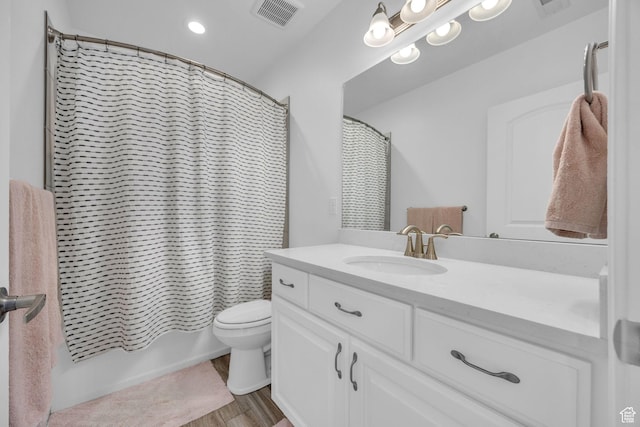2364 N 2400 W, Farr West, UT 84404 - bathroom with toilet, visible vents, shower / tub combo with curtain, wood finished floors, and vanity