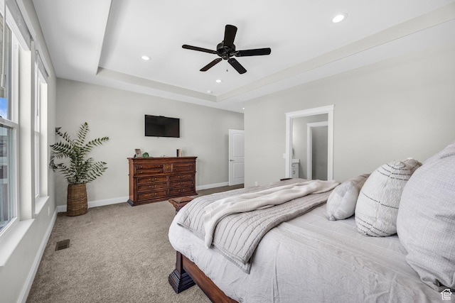 2364 N 2400 W, Farr West, UT 84404 - carpeted bedroom with a ceiling fan, visible vents, recessed lighting, and a tray ceiling