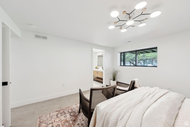bedroom with a chandelier, carpet, visible vents, and baseboards