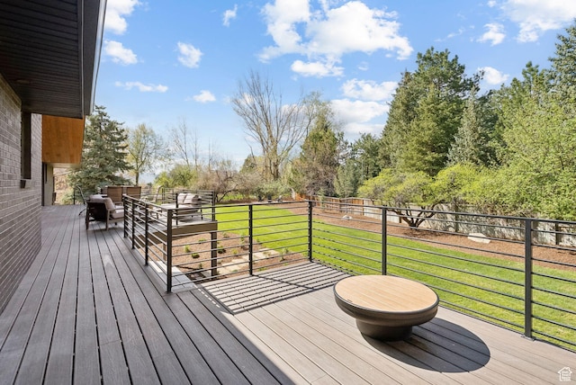 deck with a lawn and a fenced backyard