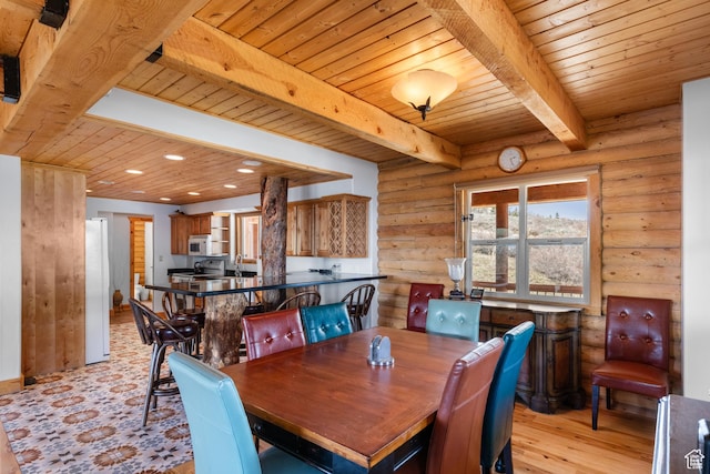 2292 S Aspen Loop, Garden City, UT 84028 - dining space with wooden ceiling, rustic walls, beamed ceiling, and light wood-style flooring