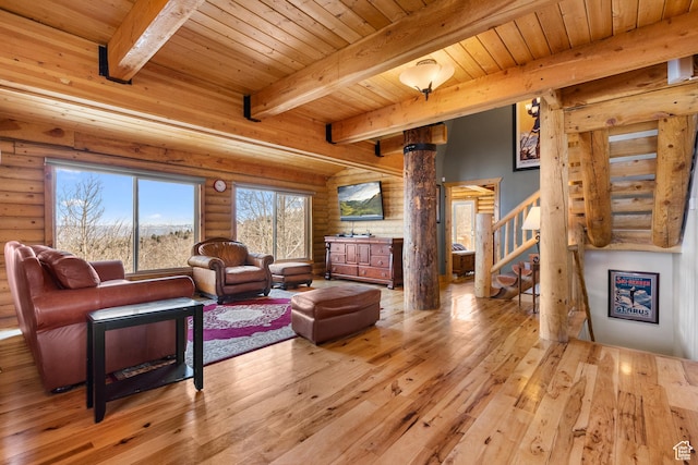 2292 S Aspen Loop, Garden City, UT 84028 - living area featuring wood-type flooring, beam ceiling, log walls, and wood ceiling