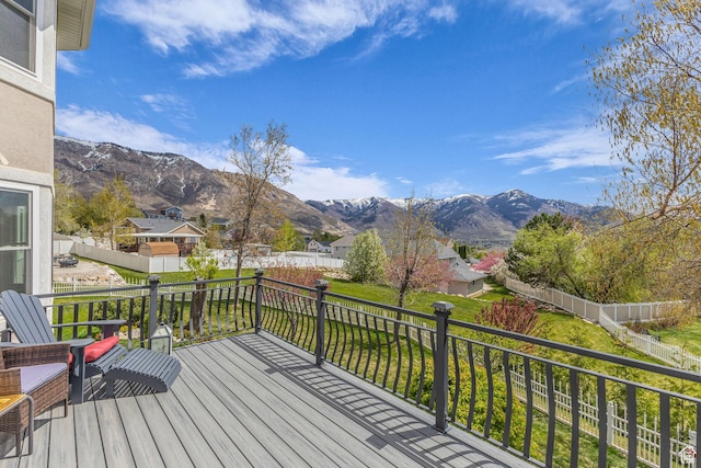 305 E 3700 N, North Ogden, UT 84414 - wooden terrace featuring a residential view, a fenced backyard, a yard, and a mountain view