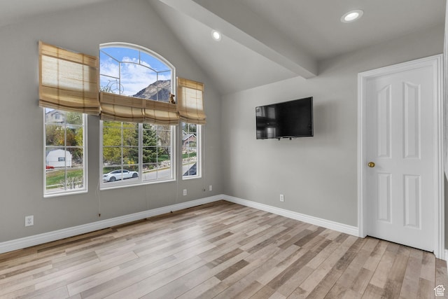 305 E 3700 N, North Ogden, UT 84414 - unfurnished living room featuring baseboards, vaulted ceiling, wood finished floors, and recessed lighting