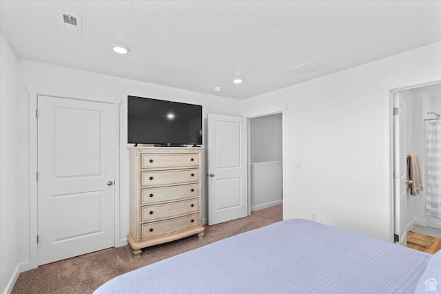 bedroom with recessed lighting, visible vents, and carpet flooring