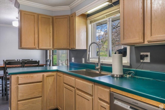 498 E 3000 N, North Ogden, UT 84414 - kitchen featuring a peninsula, dishwashing machine, a sink, and ornamental molding