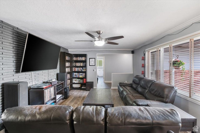 498 E 3000 N, North Ogden, UT 84414 - living room with crown molding, wood finished floors, a textured ceiling, ceiling fan, and baseboards